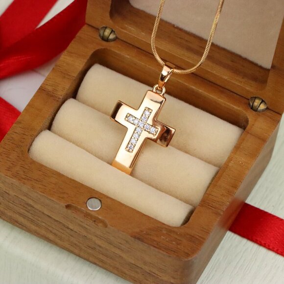 "Rose Gold Cross Pendant with Inset CZ Accents in Glossy Finish, XPPT1847 - Picture 2 of 13